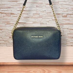 Michael Kors Navy Saffiano Leather Camera Crossbody with Gold Chain